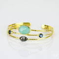 Rough Cut Aqua Chalcedony Open Bangle with Kyanite Quartz Details
