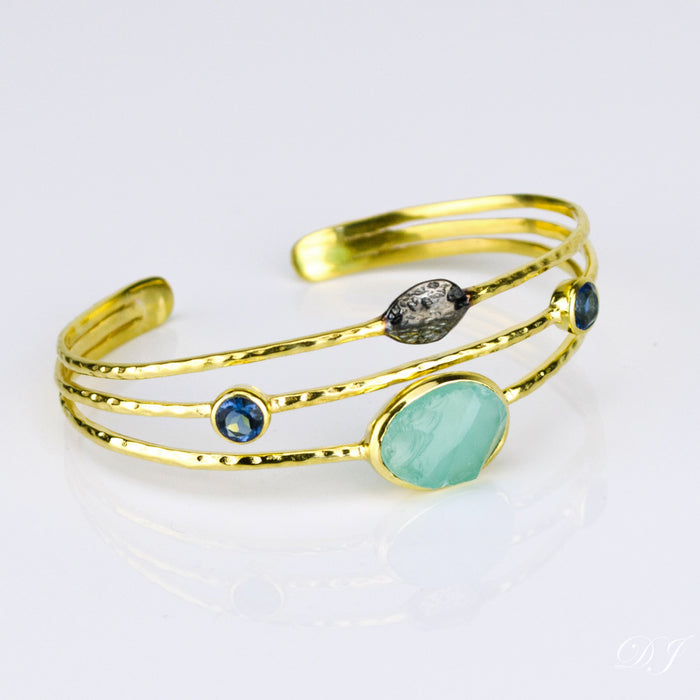 Rough Cut Aqua Chalcedony Open Bangle with Kyanite Quartz Details