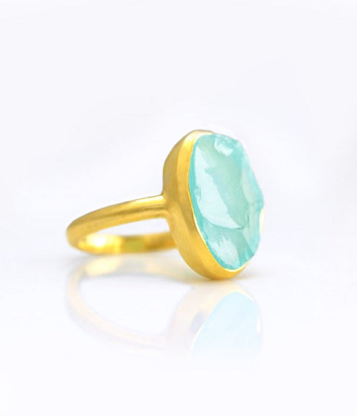 Rough Cut Large Teardrop Aqua Chalcedony Ring, Bezel Set March Birthstone Ring in Sterling Silver, Gold or Rose Gold