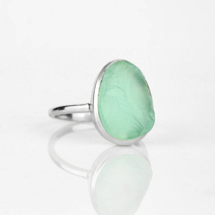Rough Cut Large Teardrop Aqua Chalcedony Ring, Bezel Set March Birthstone Ring in Sterling Silver, Gold or Rose Gold