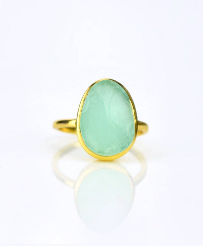 Rough Cut Large Teardrop Aqua Chalcedony Ring, Bezel Set March Birthstone Ring in Sterling Silver, Gold or Rose Gold