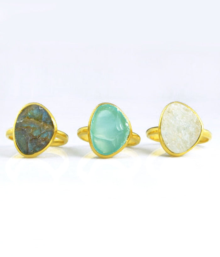 Rough Cut Large Teardrop Aqua Chalcedony Ring, Bezel Set March Birthstone Ring in Sterling Silver, Gold or Rose Gold