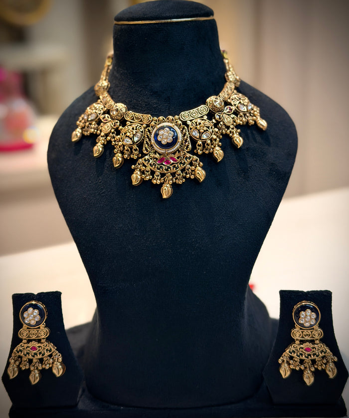 Royal Blue Rajwadi Choker Necklace Set