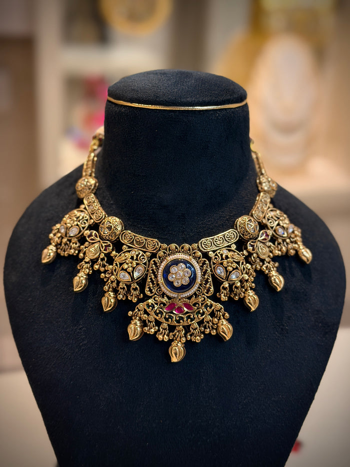 Royal Blue Rajwadi Choker Necklace Set