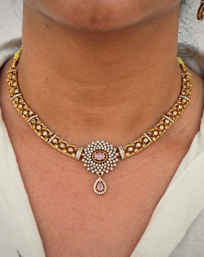 Royal Pink Oval Stone Statement Necklace Set