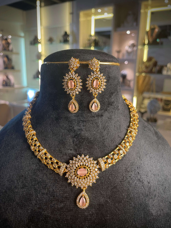 Royal Pink Oval Stone Statement Necklace Set