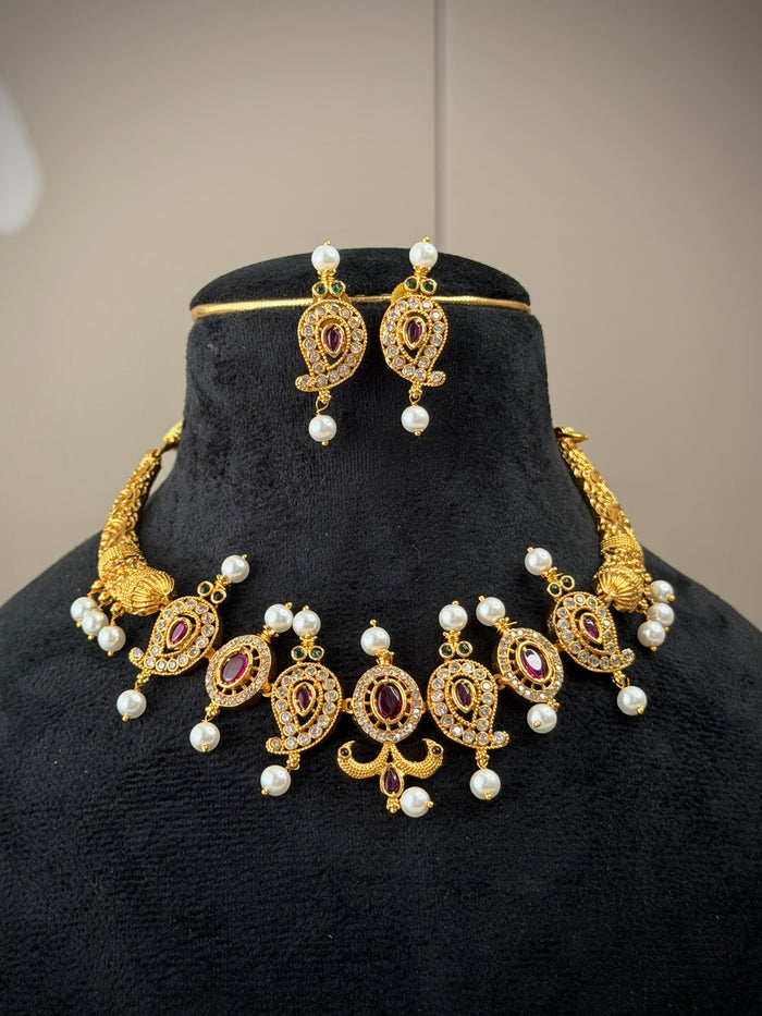 Royal Ruby Pearl Paisley Necklace Set A114