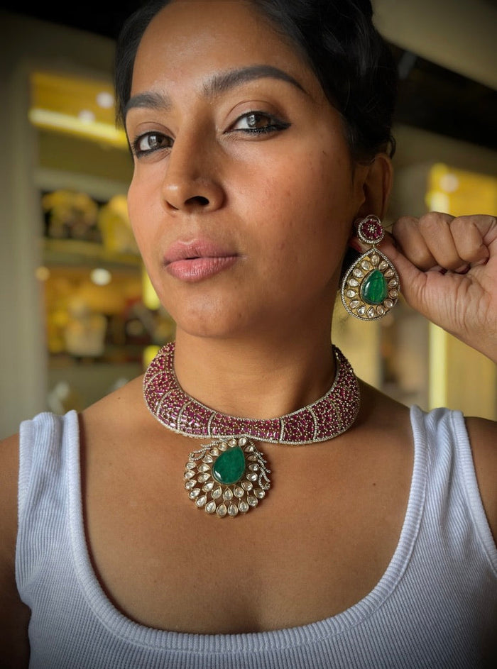 Ruby-Emerald Choker Necklace Set