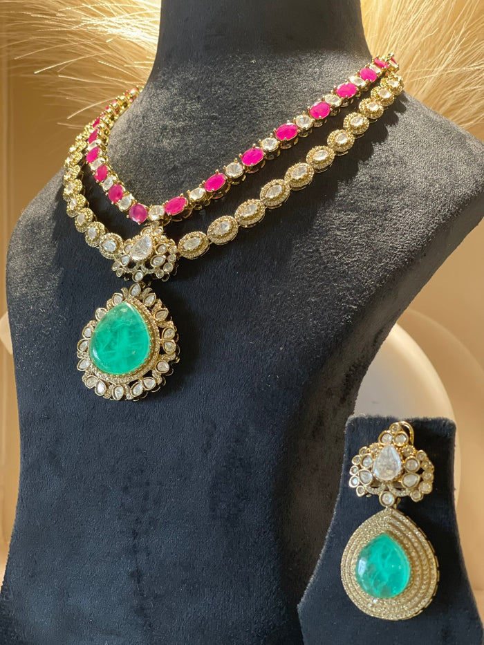 Ruby-Emerald Double Layered Royale Necklace Set