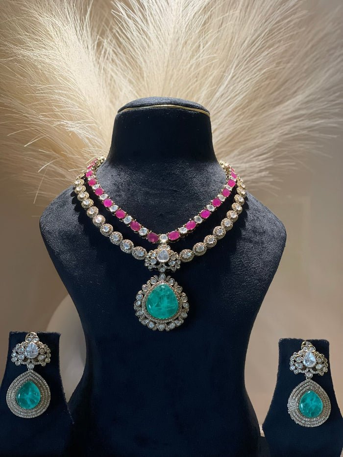 Ruby-Emerald Double Layered Royale Necklace Set