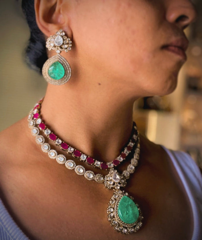 Ruby-Emerald Double Layered Royale Necklace Set