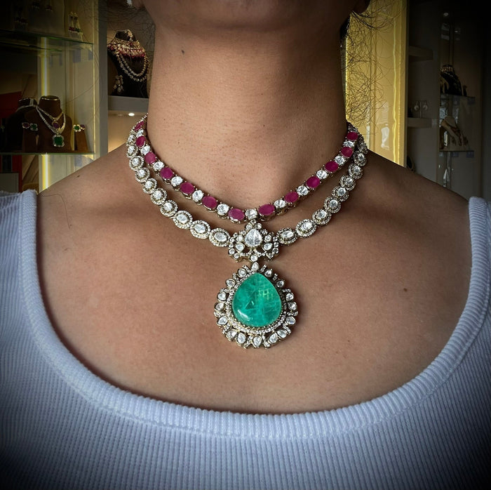 Ruby-Emerald Double Layered Royale Necklace Set