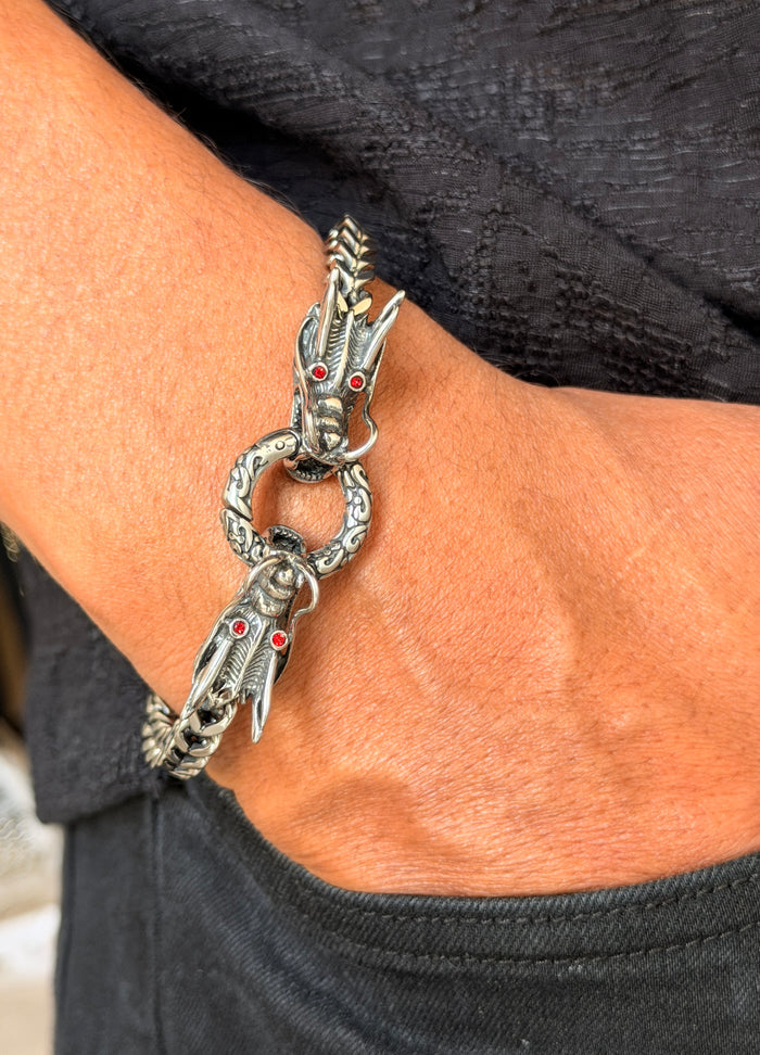 Ruby Eye Dragon Men's Silver Bracelet