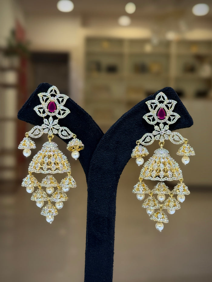 Ruby Floral Crystal Multi‑Tier Jhumka Earrings