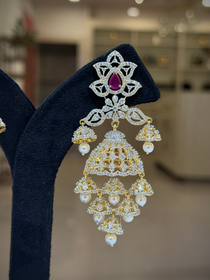 Ruby Floral Crystal Multi‑Tier Jhumka Earrings