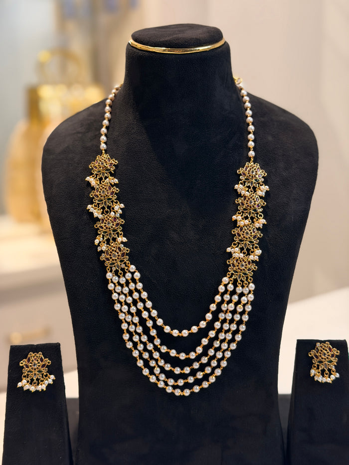 Ruby Floral Multi‑Layer Pearl Necklace Set