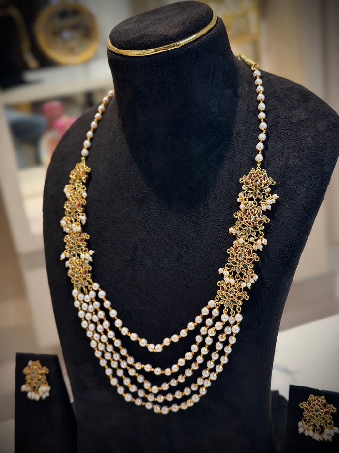 Ruby Floral Multi‑Layer Pearl Necklace Set