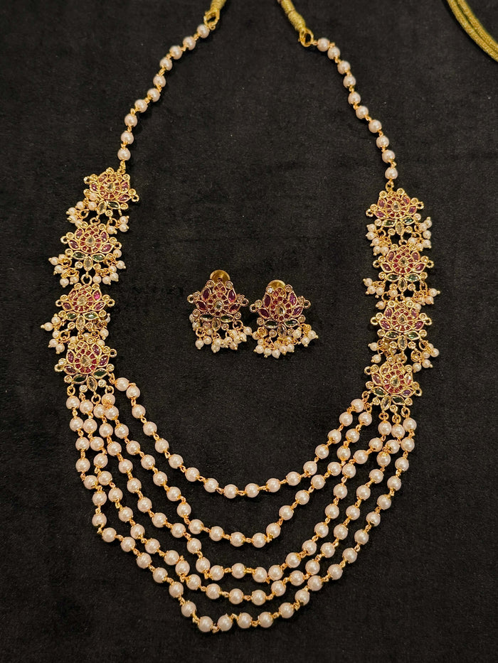 Ruby Floral Multi‑Layer Pearl Necklace Set