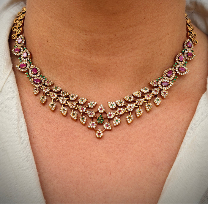 Ruby Green Leaf Necklace Set