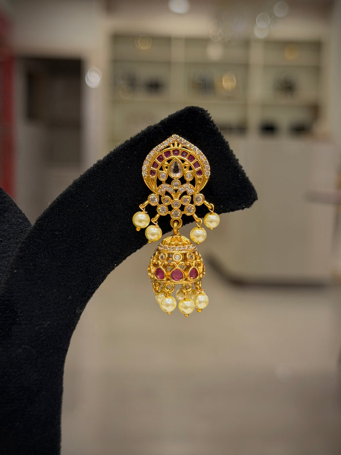Ruby Kundan Pearl Jhumka Earrings