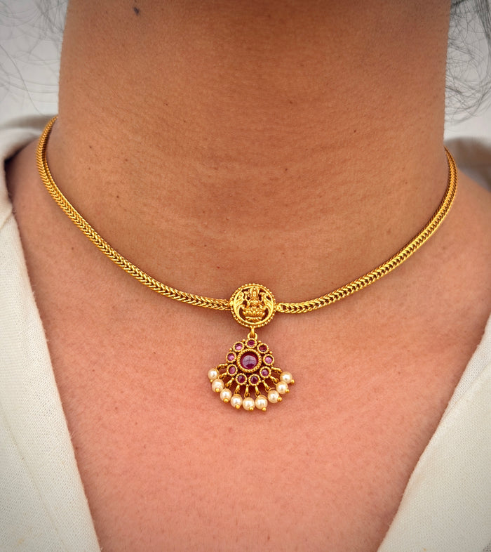 Ruby Pearl Drop Lakshmi Temple Necklace Set