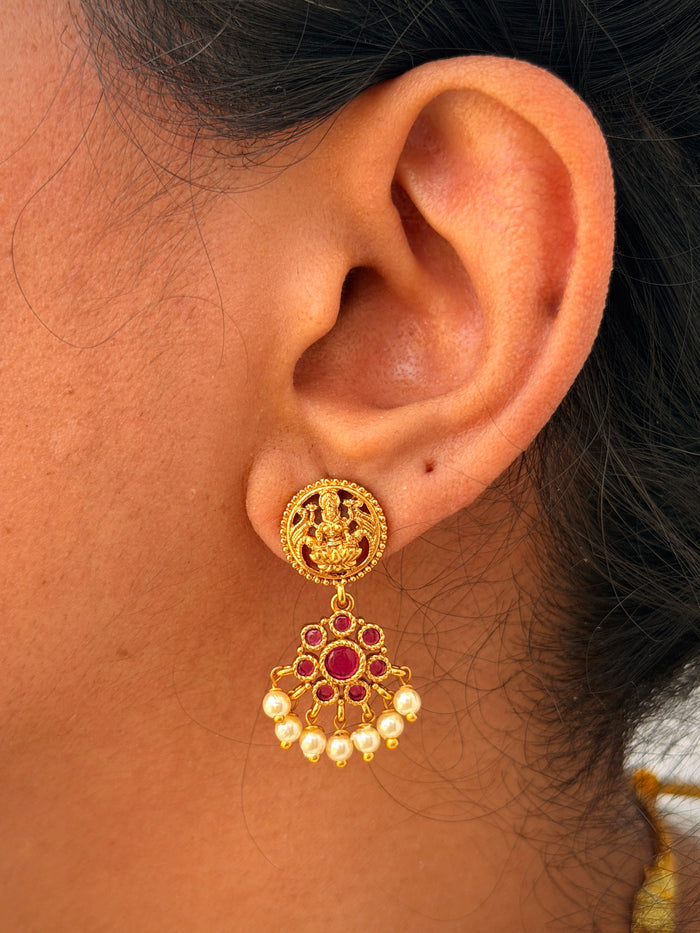 Ruby Pearl Drop Lakshmi Temple Necklace Set