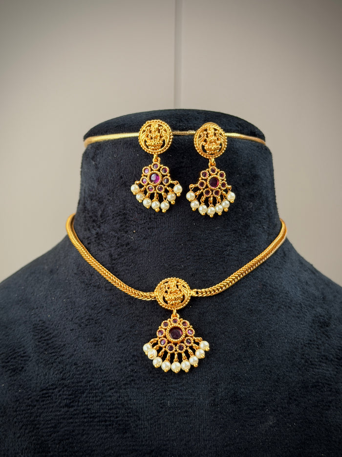 Ruby Pearl Drop Lakshmi Temple Necklace Set