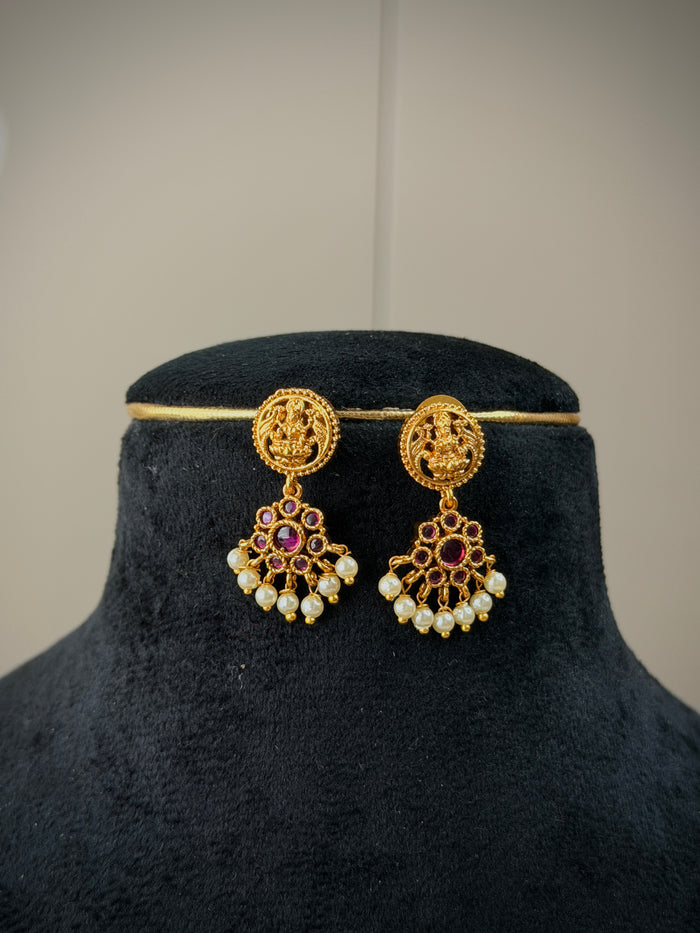 Ruby Pearl Drop Lakshmi Temple Necklace Set