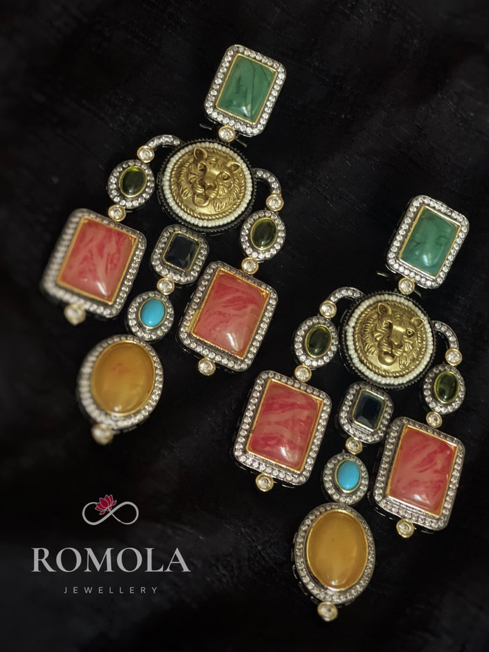 Sabyasachi Inspired Gold Tiger Head Multistone Chandelier Earrings