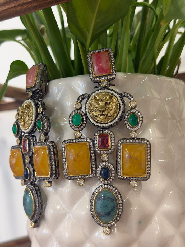 Sabyasachi Inspired Gold Tiger Head Multistone Chandelier Earrings