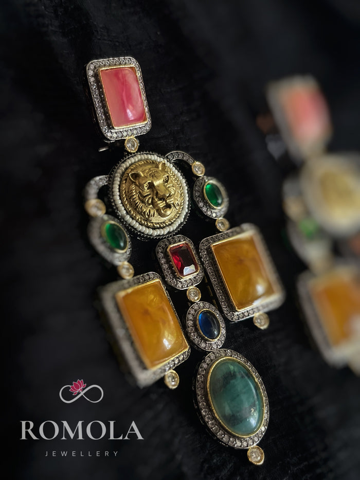Sabyasachi Inspired Gold Tiger Head Multistone Chandelier Earrings