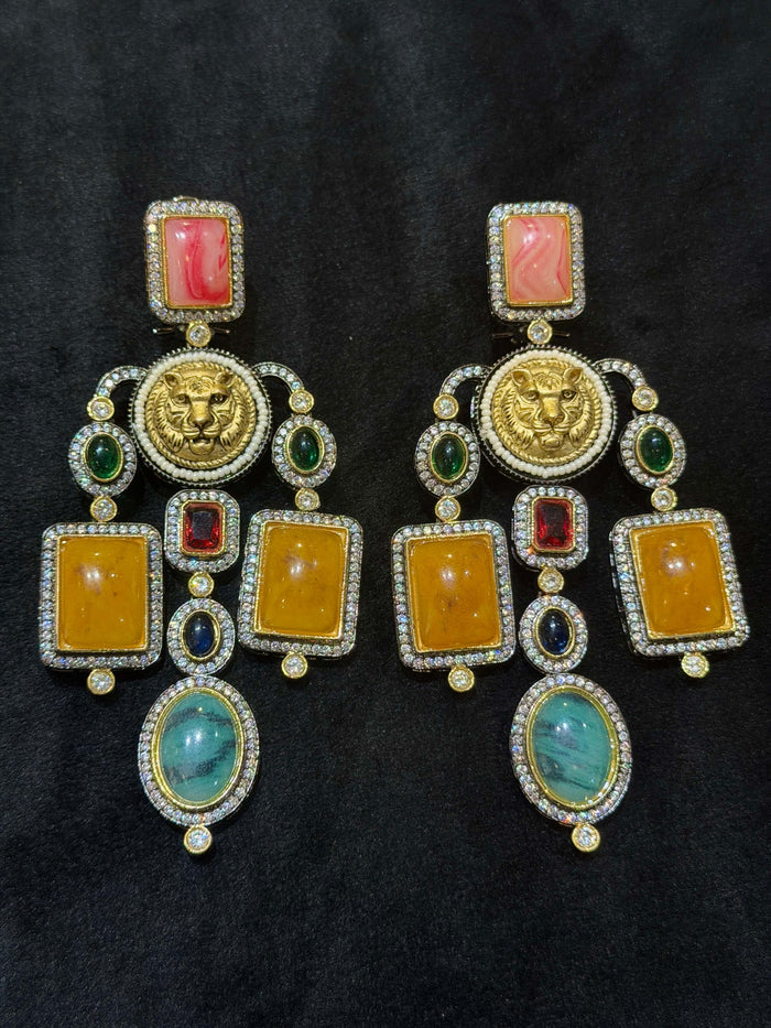 Sabyasachi Inspired Gold Tiger Head Multistone Chandelier Earrings
