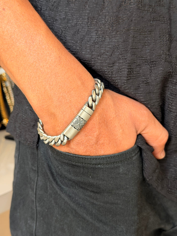 Silver Engraved Men's Cuban Link Bracelet