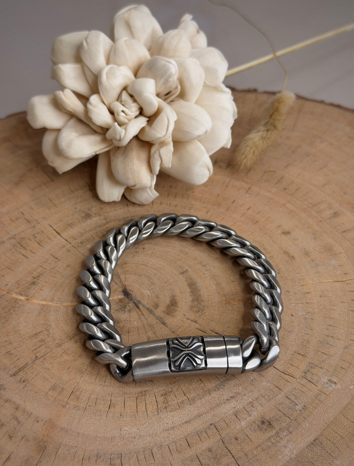 Silver Engraved Men's Cuban Link Bracelet