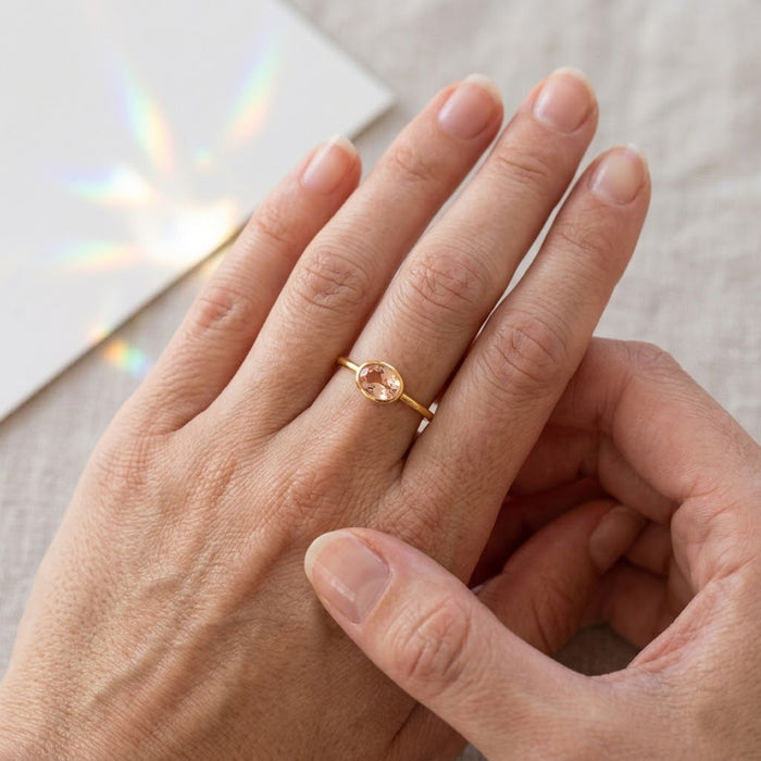 Morganite bezel ring worn on hand, elegant pink gemstone ring for everyday wear