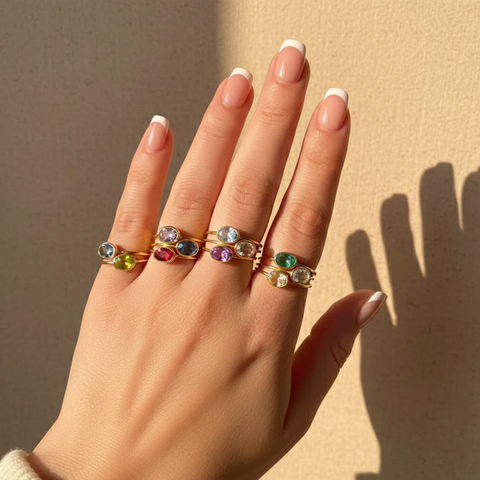 Morganite ring set with multiple gemstones, colorful stacking rings with oval bezel stones