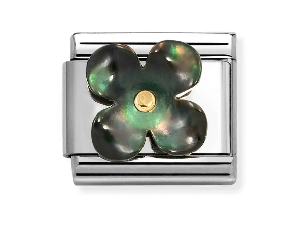 Stainless Steel & 18K Yellow Gold Black Mother of Pearl Flower Charm