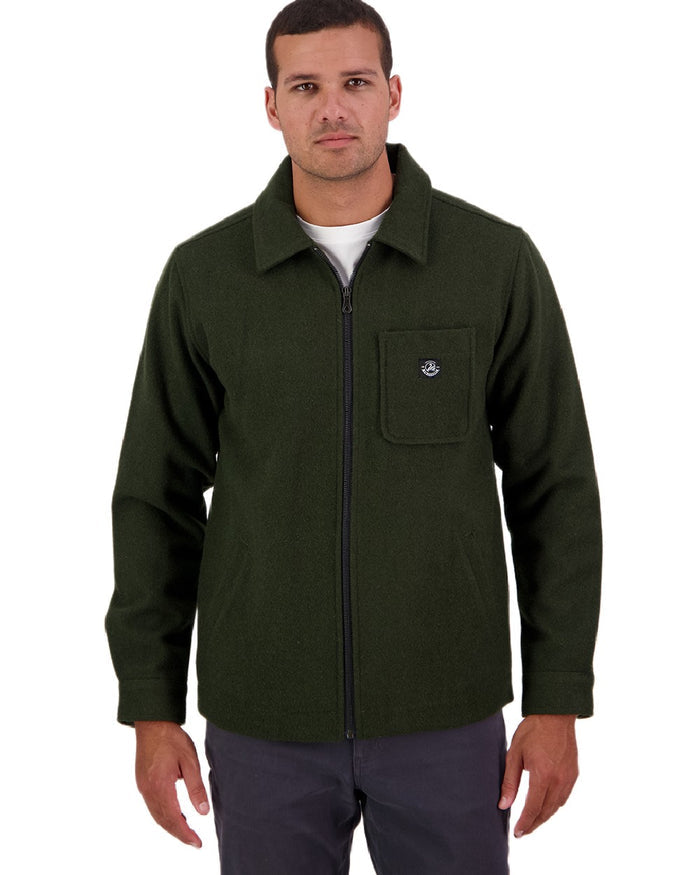 Dark Olive Coloured Swanndri Mens Northgate Wool Shacket on white background #colour_dark-olive