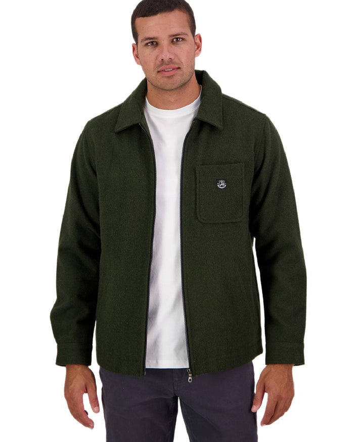 Dark Olive Coloured Swanndri Mens Northgate Wool Shacket on white background #colour_dark-olive