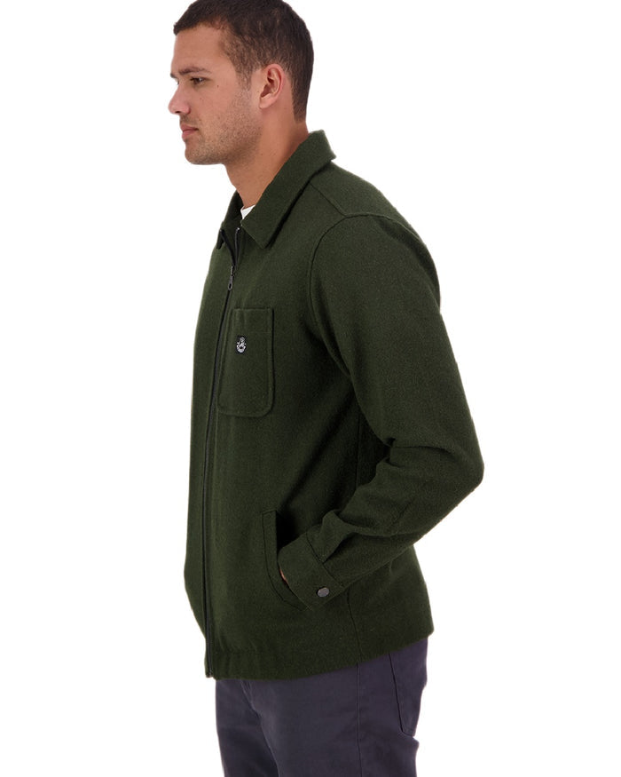 Dark Olive Coloured Swanndri Mens Northgate Wool Shacket on white background #colour_dark-olive