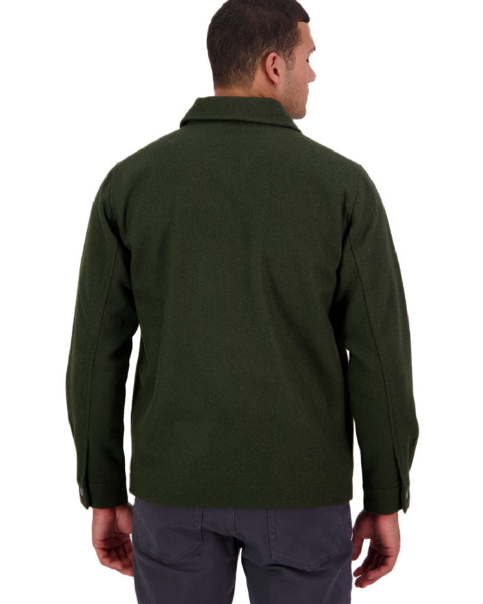 Dark Olive Coloured Swanndri Mens Northgate Wool Shacket on white background #colour_dark-olive