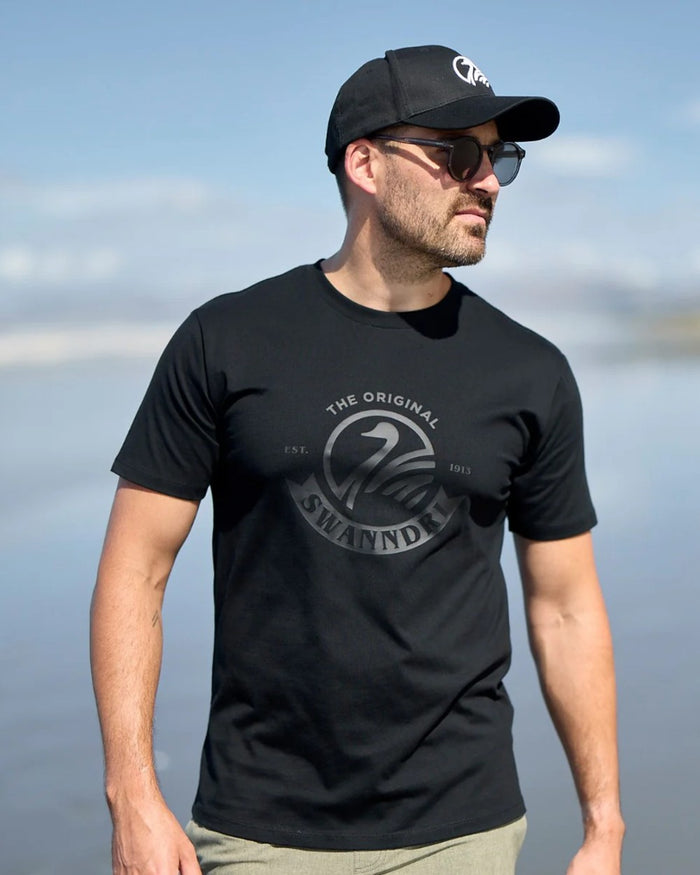 Black Coloured Swanndri Mens Original V2 T-Shirt on sky background #colour_black