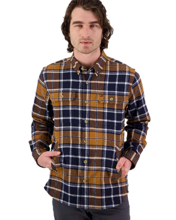 Tan Coloured Swanndri Mens Pencarrow Long Sleeved Shacket on white background #colour_tan
