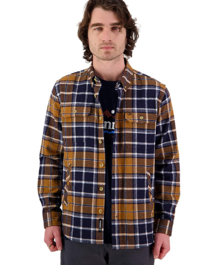Tan Coloured Swanndri Mens Pencarrow Long Sleeved Shacket on white background #colour_tan