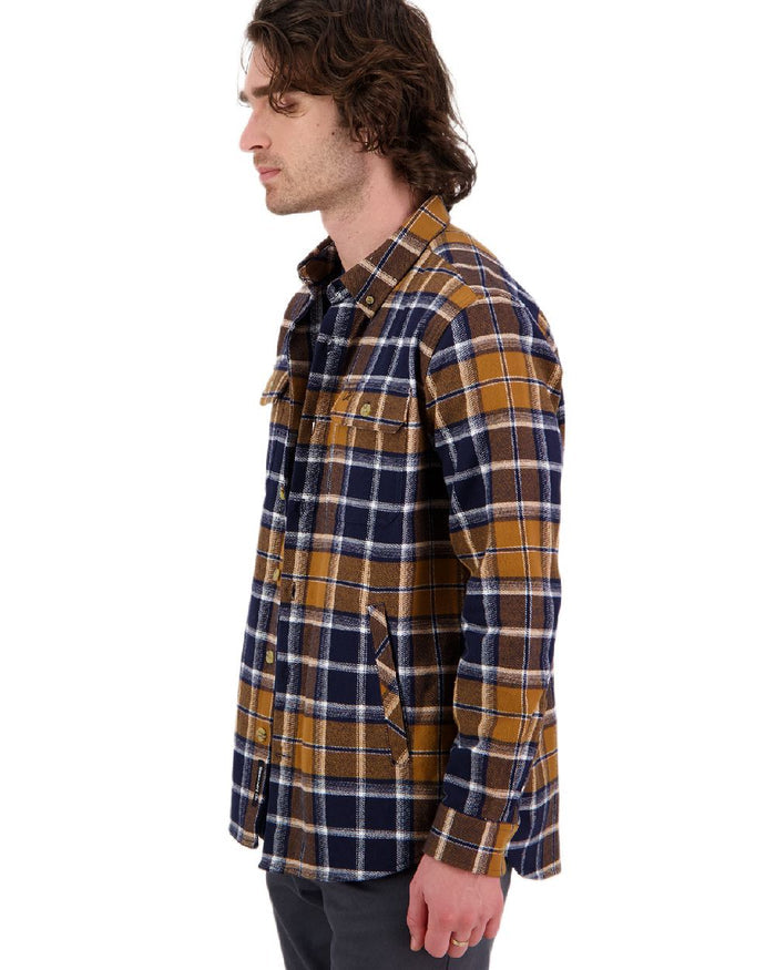 Tan Coloured Swanndri Mens Pencarrow Long Sleeved Shacket on white background #colour_tan