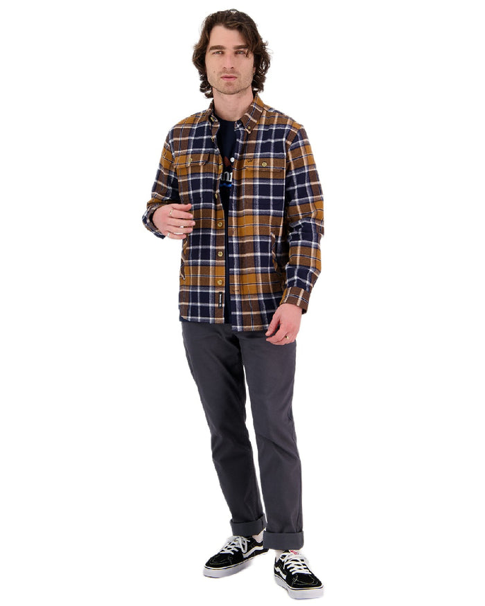 Tan Coloured Swanndri Mens Pencarrow Long Sleeved Shacket on white background #colour_tan
