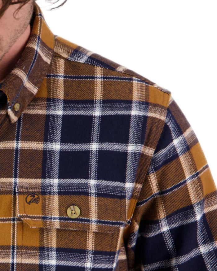 Tan Coloured Swanndri Mens Pencarrow Long Sleeved Shacket on white background #colour_tan
