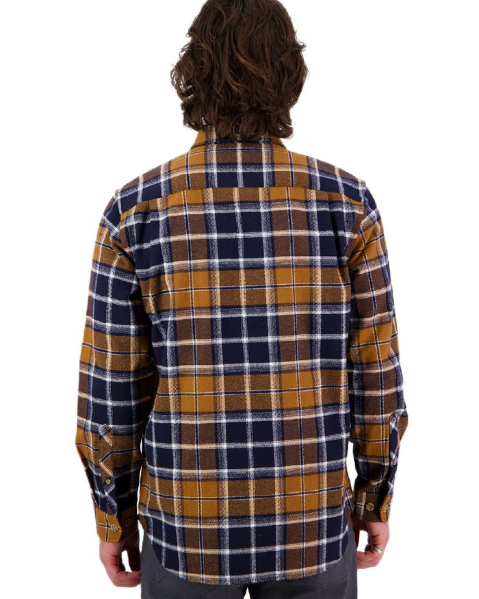 Tan Coloured Swanndri Mens Pencarrow Long Sleeved Shacket on white background #colour_tan