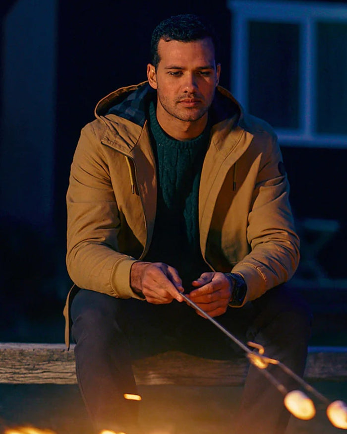 Cashew coloured Swanndri Mens Whitlow V2 Canvas Hoodie on outdoor background #colour_cashew