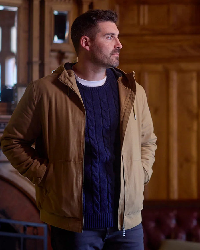Cashew coloured Swanndri Mens Whitlow V2 Canvas Hoodie on outdoor background #colour_cashew